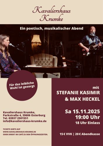 Entradas para Stefanie Kasimir & Max Heckel – Musik & Poesie en 15.11.2025 - Comprar entradas